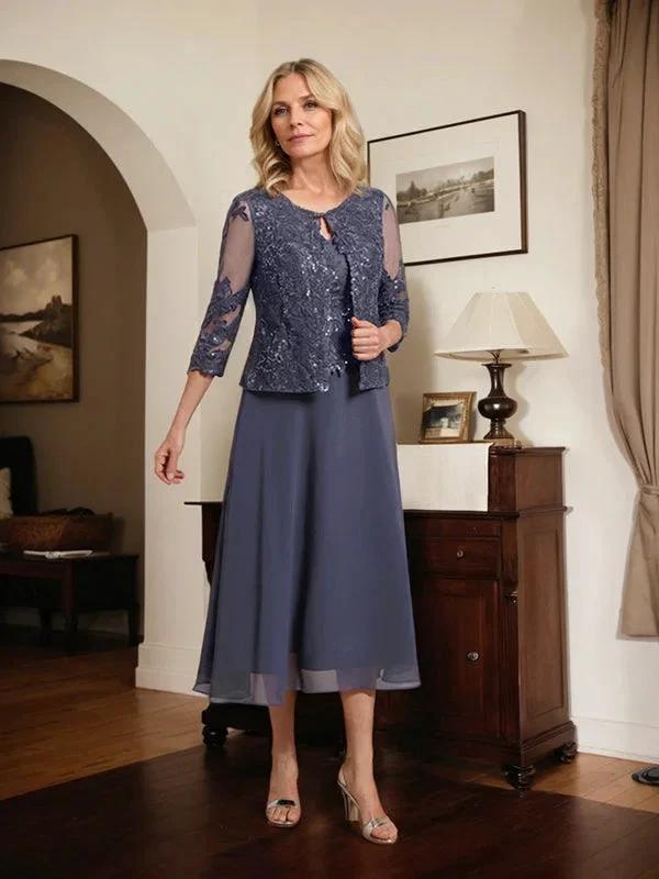 A-line Scoop Tea-Length Lace Chiffon Mother of the Bride Dress With Sequins by Dreamylily