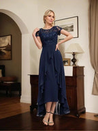 A-line Scoop Illusion Asymmetrical Chiffon Lace Mother of the Bride Dress With Bow Ruffle Sequins by Dreamylily
