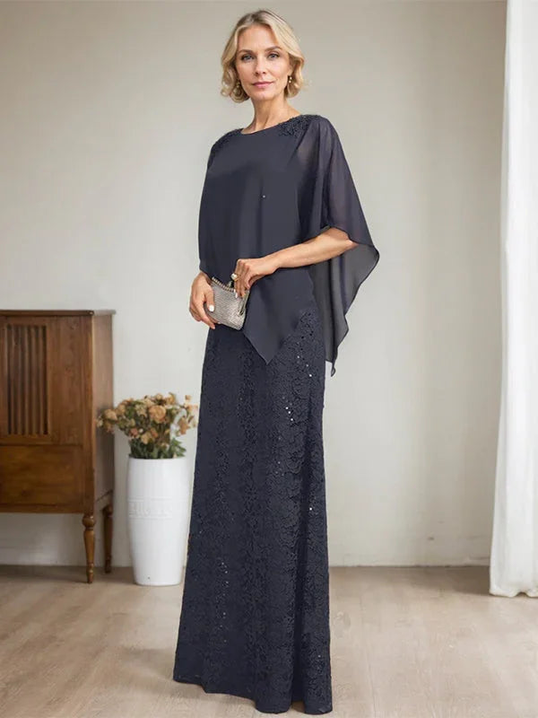 Vestido de madre de la novia de gasa con encaje, escote redondo y largo hasta el suelo, con lentejuelas y abalorios