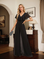 Jumpsuit/Pantsuit V-Neck Floor-Length Chiffon Evening Dress