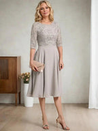 A-line Scoop Knee-Length Lace Chiffon Mother of the Bride Dress by Dreamylily