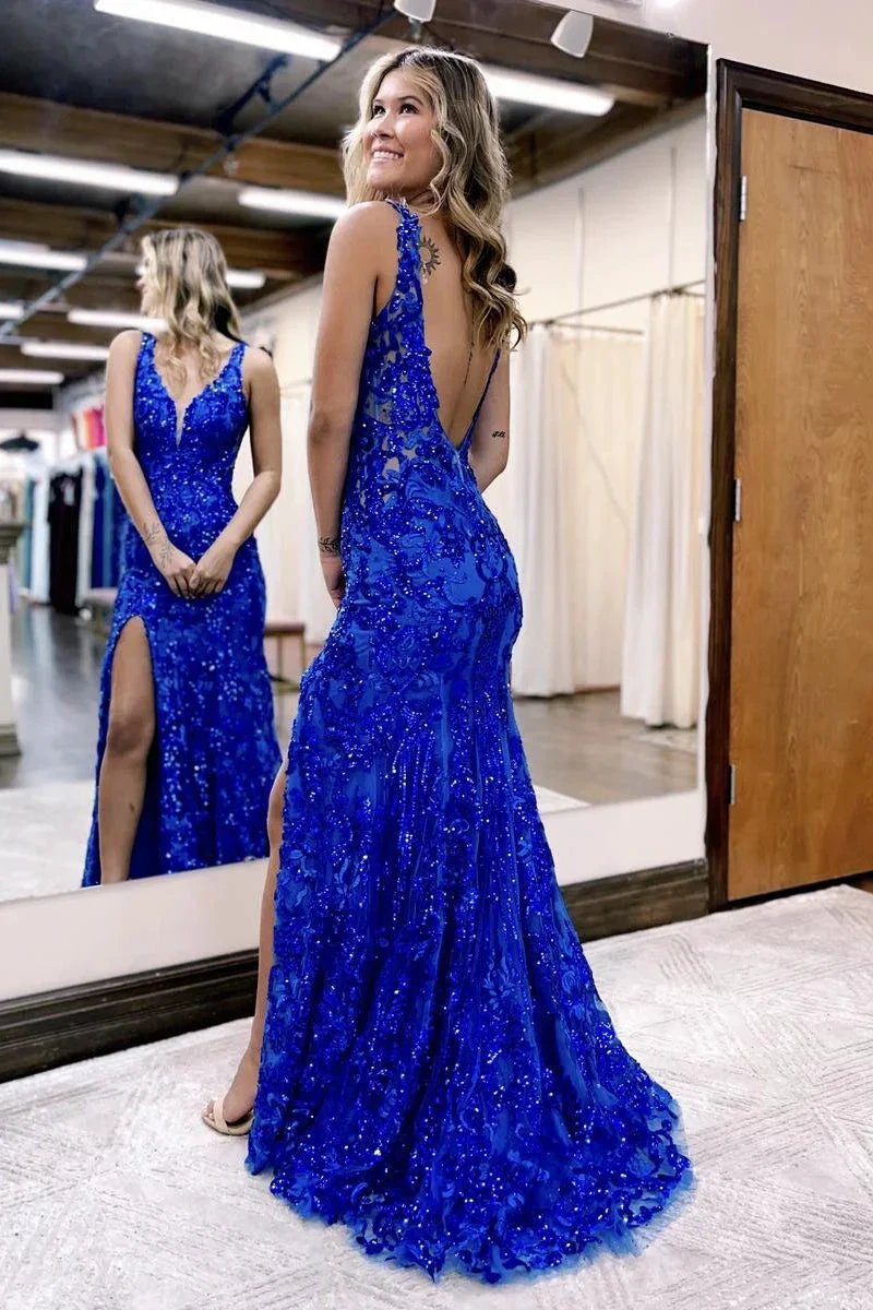 Avianna |Mermaid V Neck Sequined Lace Prom Dress with Slit by KissProm