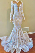 White Sequins Appliques Lace Mermaid Prom Dress With Long Sleeves by BIZTUNNEL