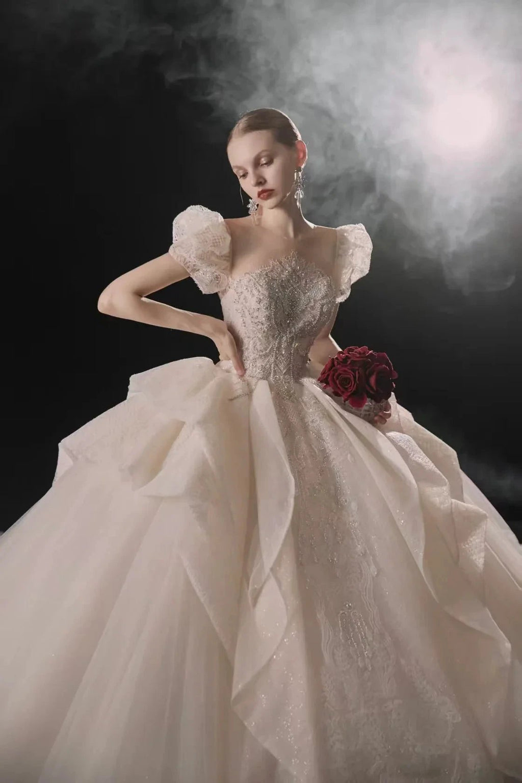 Elegant Sweetheart Ball Gown Lace Puff Sleeve Beaded Embroidery Wedding Dress with Flowing Train E-302 by ZAPDRESS