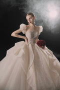Elegant Sweetheart Ball Gown Lace Puff Sleeve Beaded Embroidery Wedding Dress with Flowing Train E-302 by ZAPDRESS