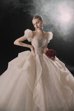 Elegant Sweetheart Ball Gown Lace Puff Sleeve Beaded Embroidery Wedding Dress with Flowing Train E-302 by ZAPDRESS