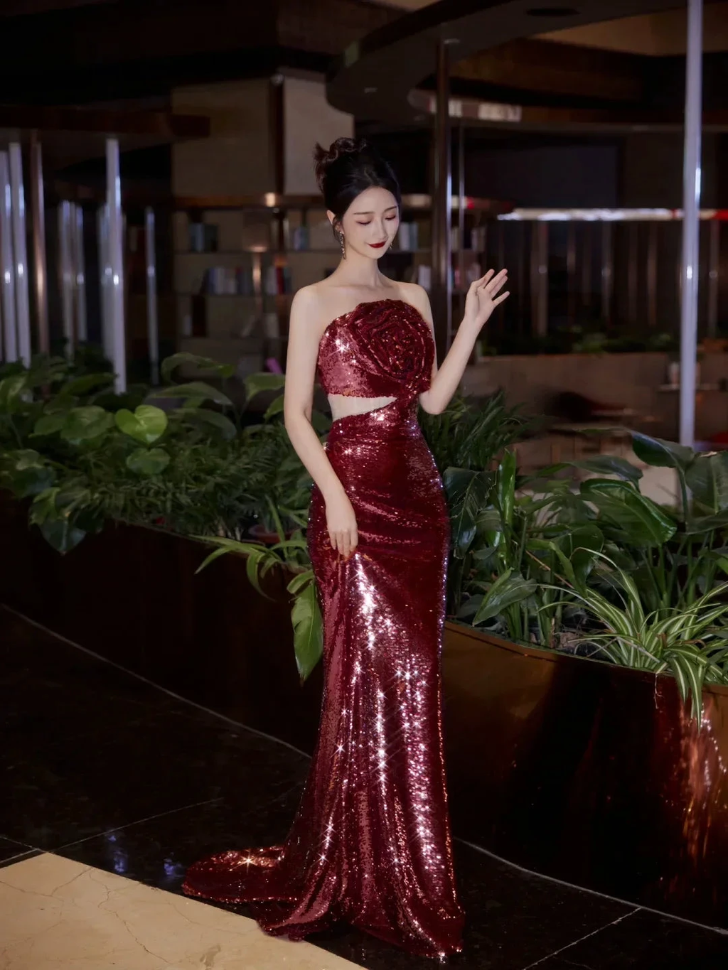 Burgundy Strapless Sequin Rose Flowers Prom Dress Mermaid Long Evening Dress Y8595 by simplepromdress