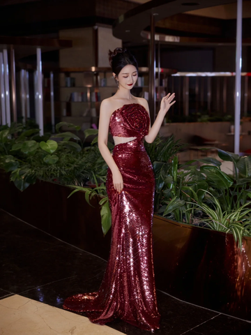 Burgundy Strapless Sequin Rose Flowers Prom Dress Mermaid Long Evening Dress Y8595