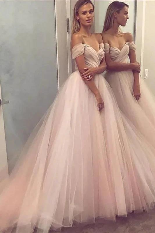 Elegant Long A-line Off the Shoulder Tulle Prom Dresses by BIZTUNNEL