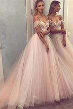 Elegant Long A-line Off the Shoulder Tulle Prom Dresses by BIZTUNNEL