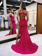 Glitter Red Mermaid V Neck Cut Out Prom Dress with Slit by KissProm