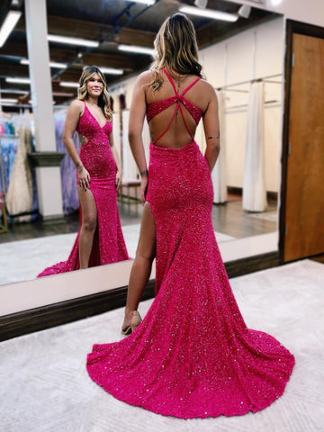 Vestido de fiesta de sirena con escote en V y abertura en rojo brillante