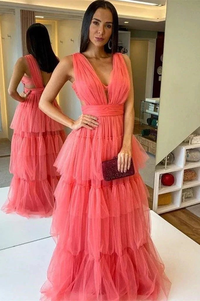 Refreshing Watermelon Tulle V-Neck Long Tiered Prom Gown by BIZTUNNEL