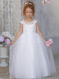 Ivory Princess Gown with Lace Appliques and Tulle Bow | Short Sleeve Ankle-Le… - photo 1