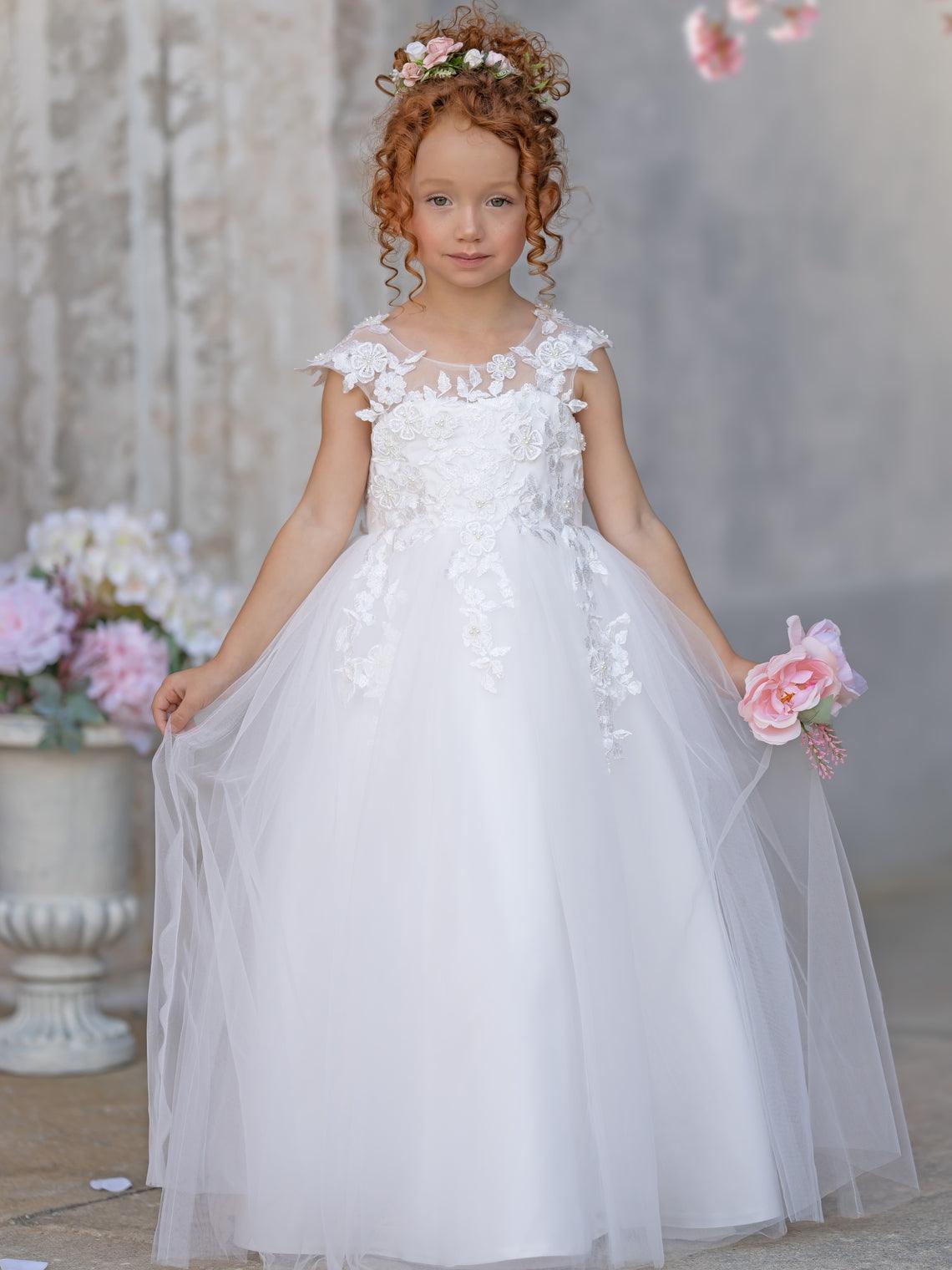 Ivory Princess Gown with Lace Appliques and Tulle Bow | Short Sleeve Ankle-Le… - photo 1