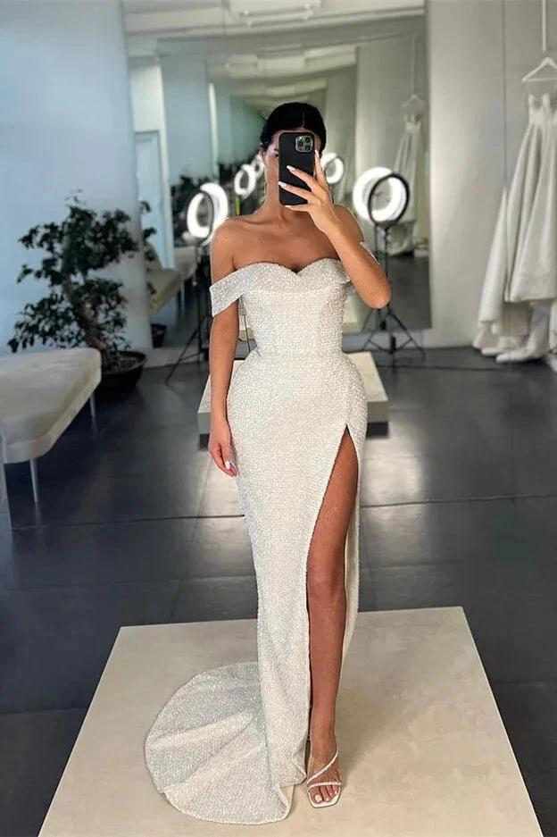 Off-the-Shoulder Mermaid Sequins White Prom Dress With Split by BIZTUNNEL