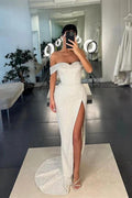 Off-the-Shoulder Mermaid Sequins White Prom Dress With Split by BIZTUNNEL