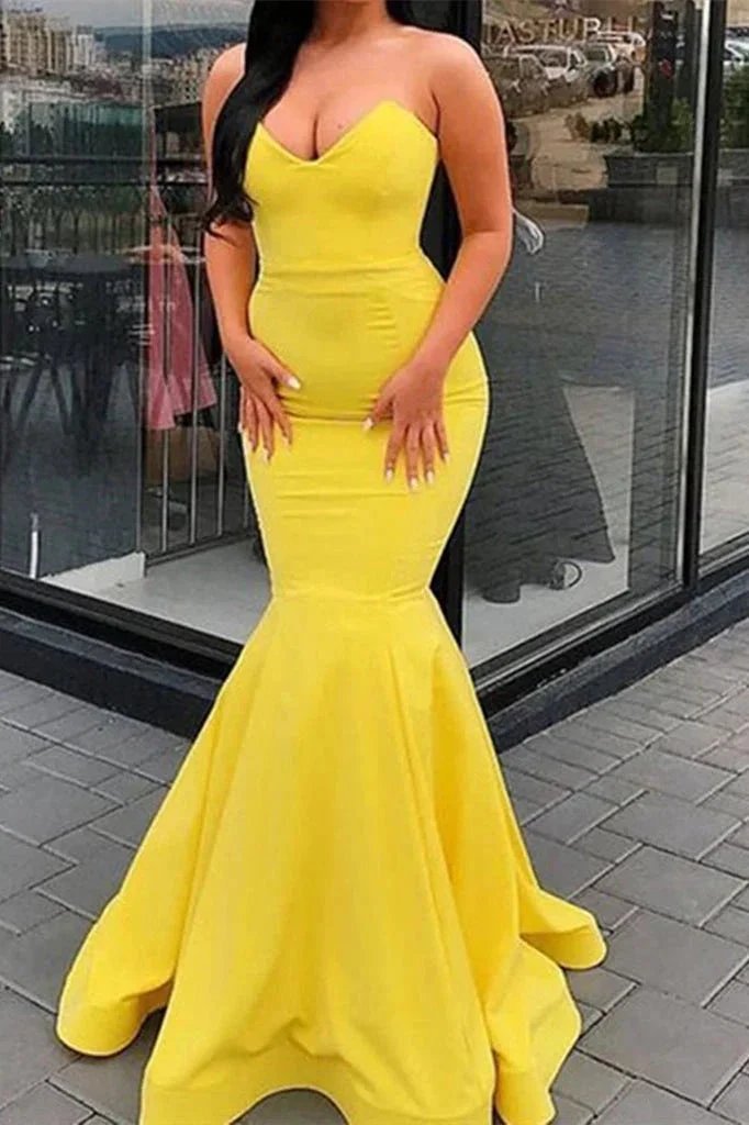 Simple Yellow V Neck Mermaid Satin Long Prom Dress with Ruffles by BIZTUNNEL