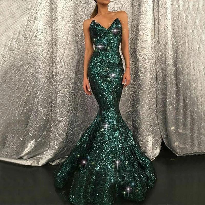 Dark Green Long Sweetheart Mermaid Sequins Prom Dress by BIZTUNNEL
