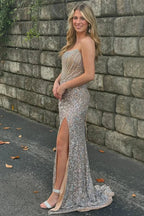 Marisela | Champagne Sequin Beaded Strapless Long Prom Dress with Slit by KissProm