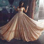 Glamorous Gold A Line Sequins Tulle Long Prom Dress with Ruffles by BIZTUNNEL