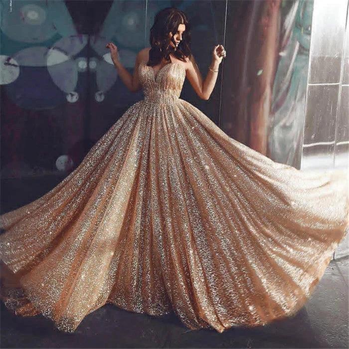 Glamorous Gold A Line Sequins Tulle Long Prom Dress with Ruffles by BIZTUNNEL