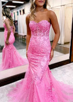 Pink Mermaid Sweetheart Neck Lace Long Prom Dress With Appliques by KissProm