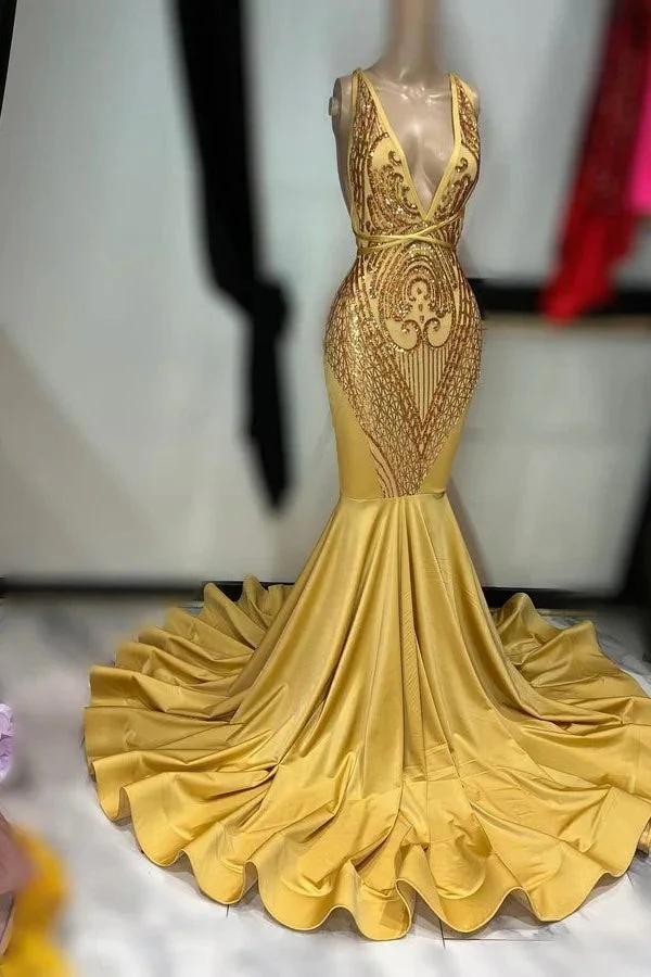 Off The Shoulder Sleeveless Mermaid V-neck Long Prom Dress by BIZTUNNEL