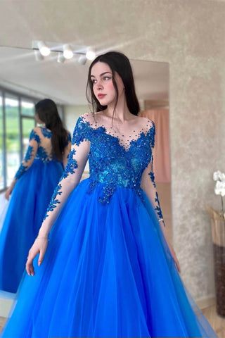 Vestido de fiesta de tul con apliques azul real y mangas largas