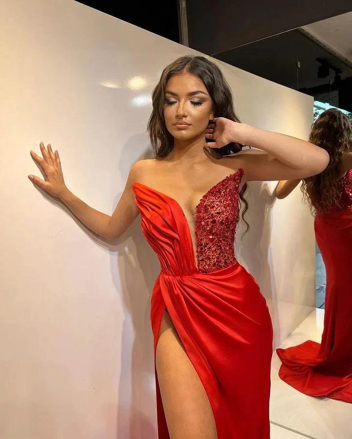 Long Mermaid V-neck Satin Formal Prom Dresses with High Split by BIZTUNNEL