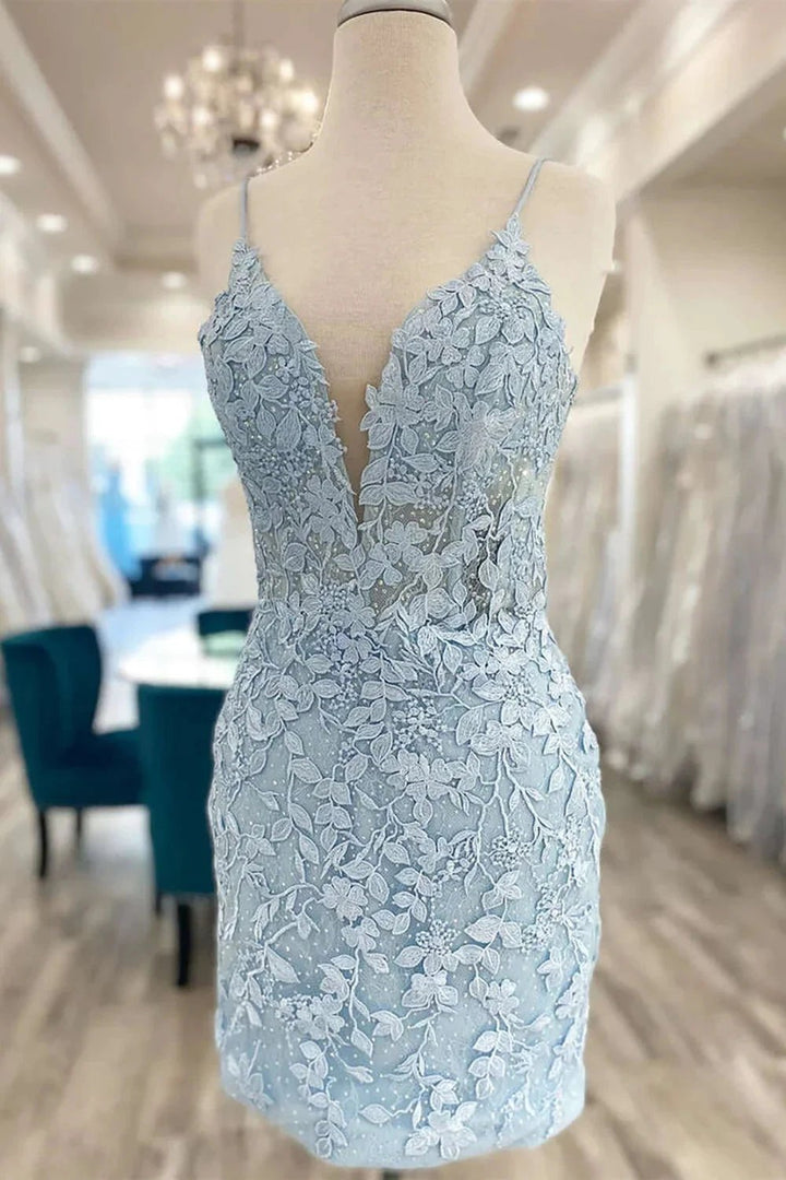 Cute Light Blue V Neck Lace Homecoming Dresses by Ombreprom