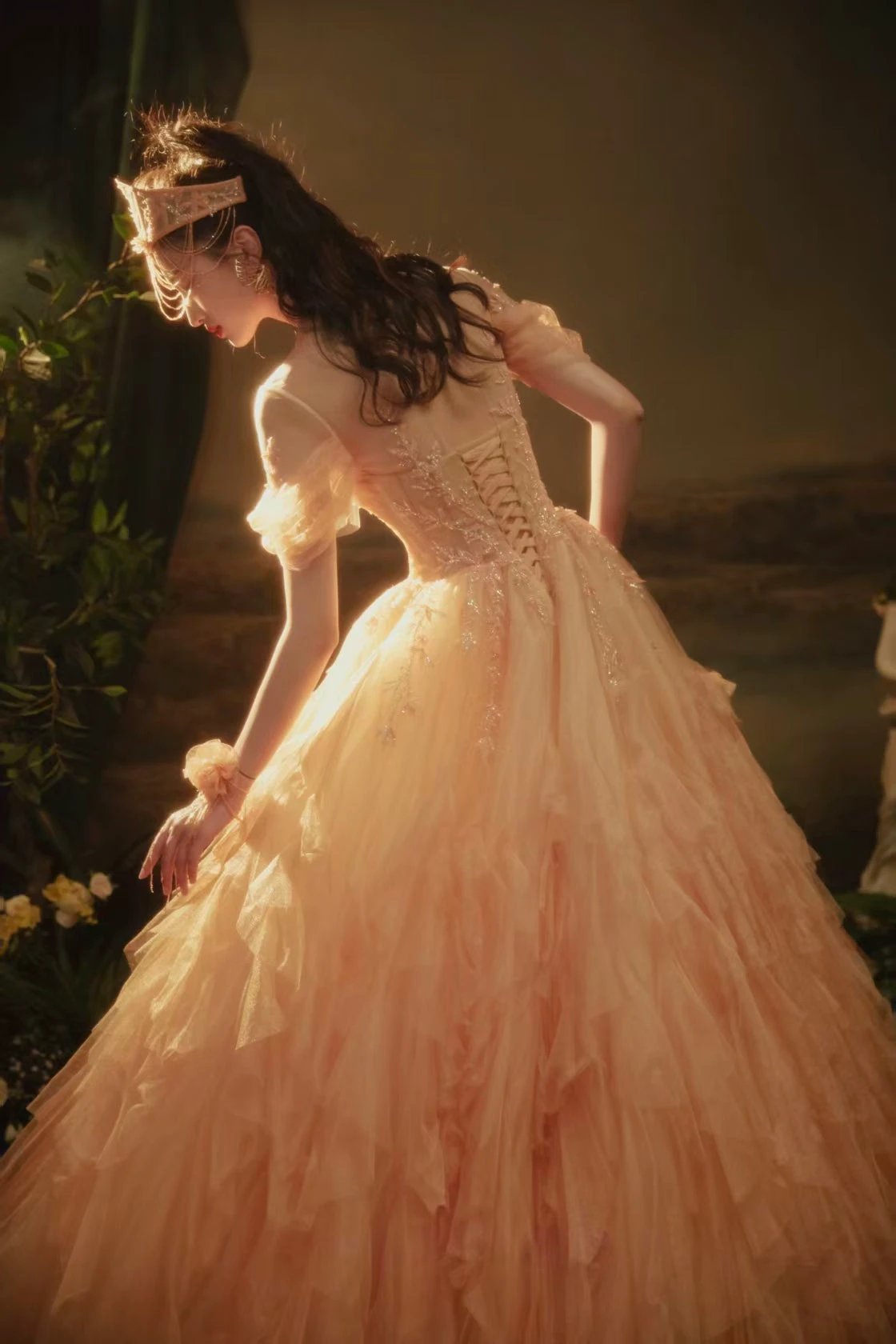 Ethereal Sunset-Hued Tulle Ball Gown with Illusion Neckline, Puff Sleeves & Sequin Floral Embroidery by ZAPDRESS