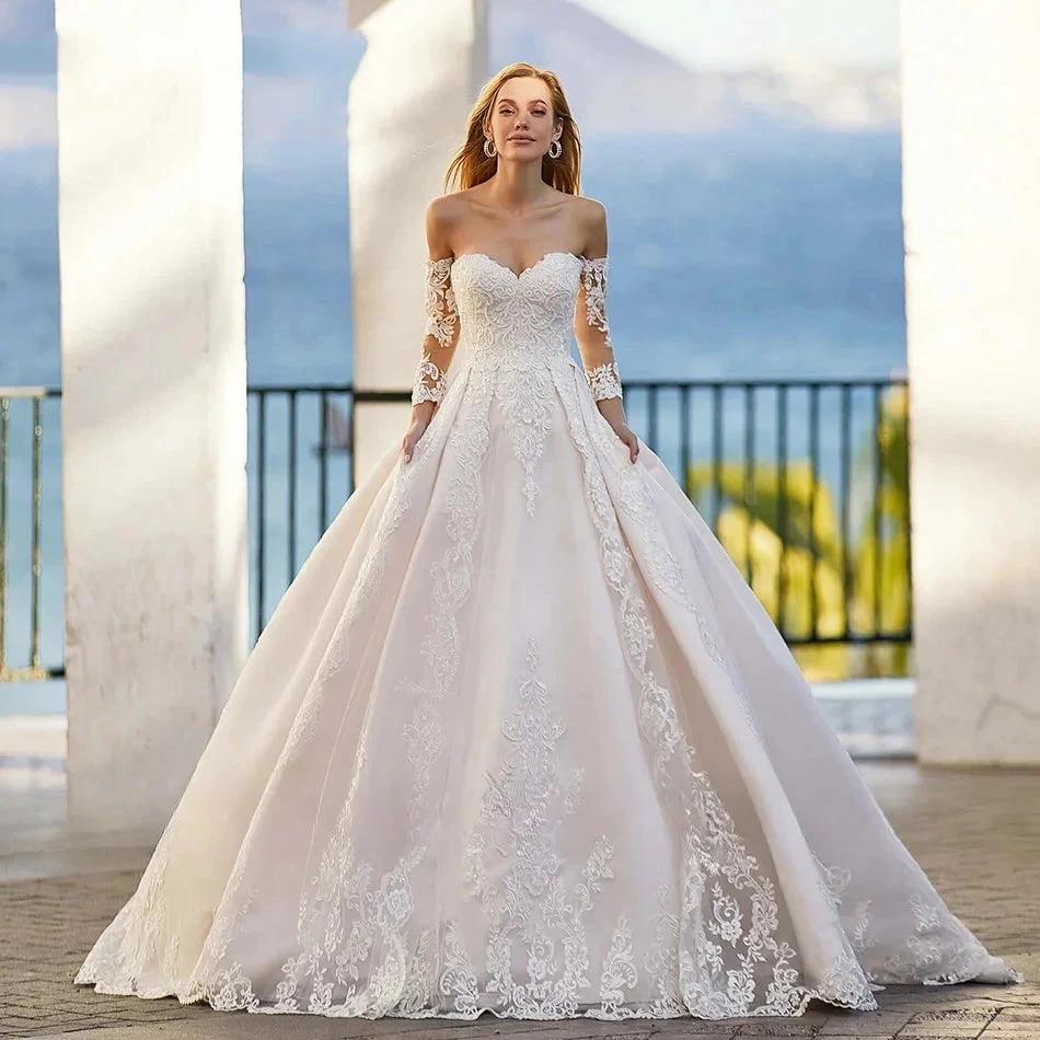 Word Wedding Dresses Women's Elegant Bohemian Beaded Sweetheart Princess Off Shoulder Long Sleeve Lace Applique Bride Gowns by payinti