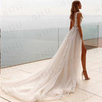 Popular V-neck Lace Applique A Line Wedding Dresses Backless Side Slit Custom Made Formal Bridal Grown 2024 by payinti