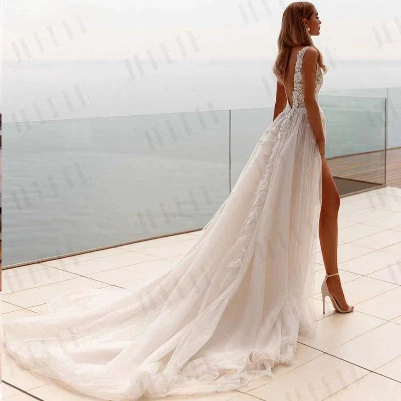 Popular V-neck Lace Applique A Line Wedding Dresses Backless Side Slit Custom Made Formal Bridal Grown 2024 by payinti