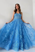 Blue Spaghetti Straps Tulle Appliques Long Prom Dresses by Kissprom