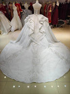 White Gleam Strapless Ballgown Beaded Bust & Ruffled Train by ZAPDRESS