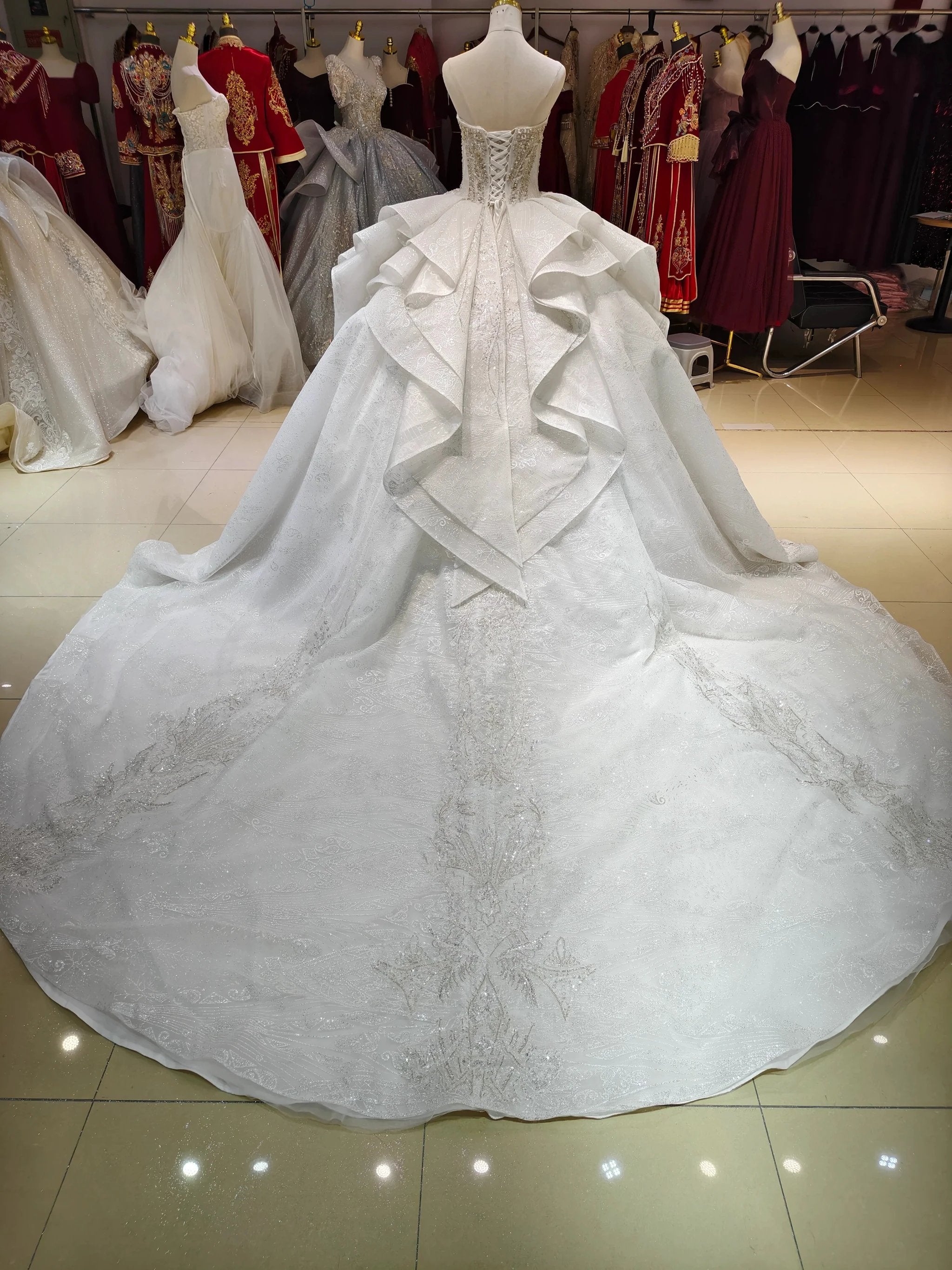White Gleam Strapless Ballgown Beaded Bust & Ruffled Train by ZAPDRESS