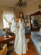 Elegant Ivory Halter Neck Puff Sleeve Mermaid Wedding Dress with Train SW188