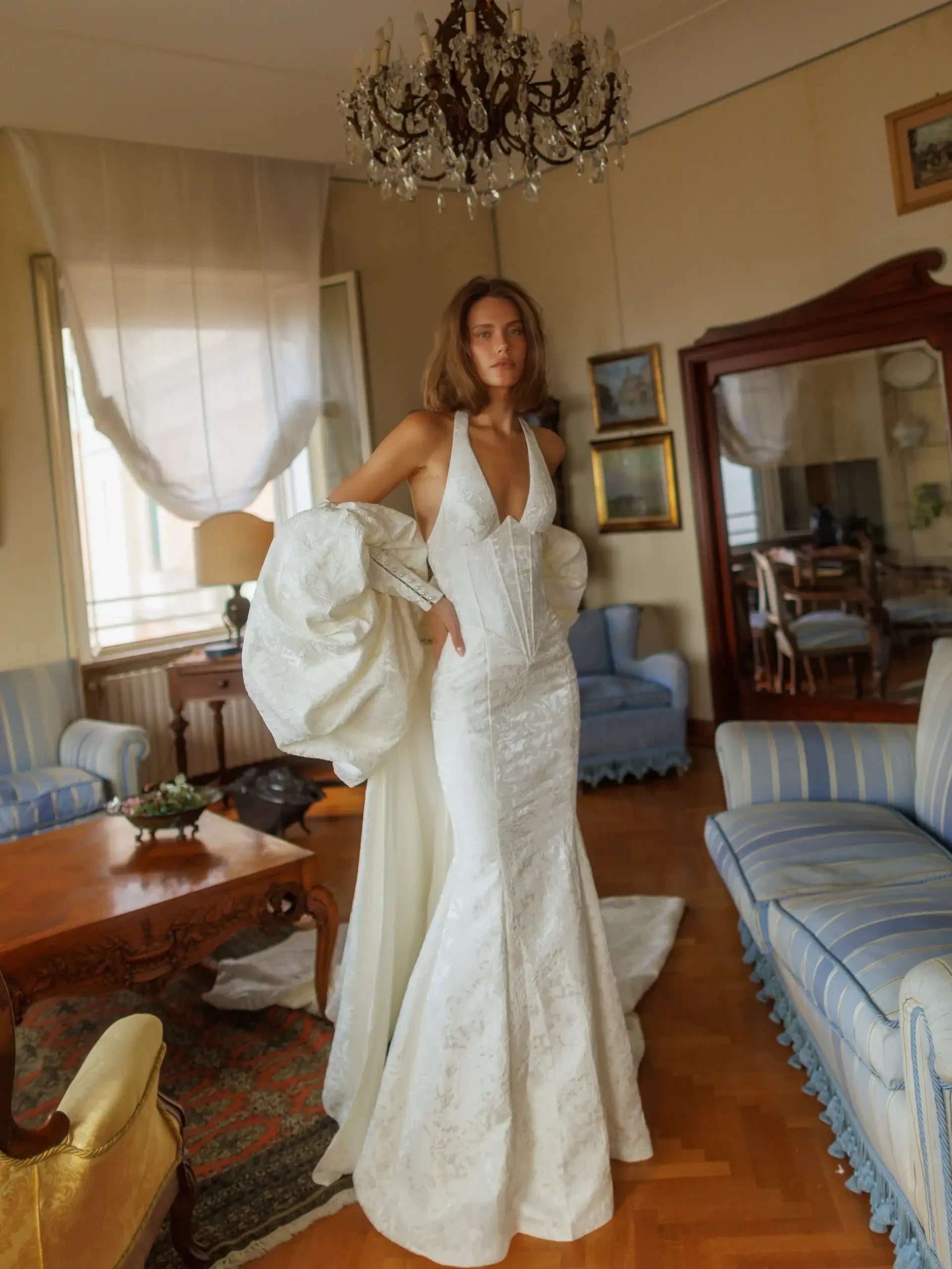 Elegant Ivory Halter Neck Puff Sleeve Mermaid Wedding Dress with Train SW188