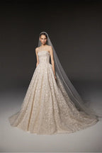 Regal Champagne Strapless Allover Lace Ball Gown Wedding Dress with Veil SW667