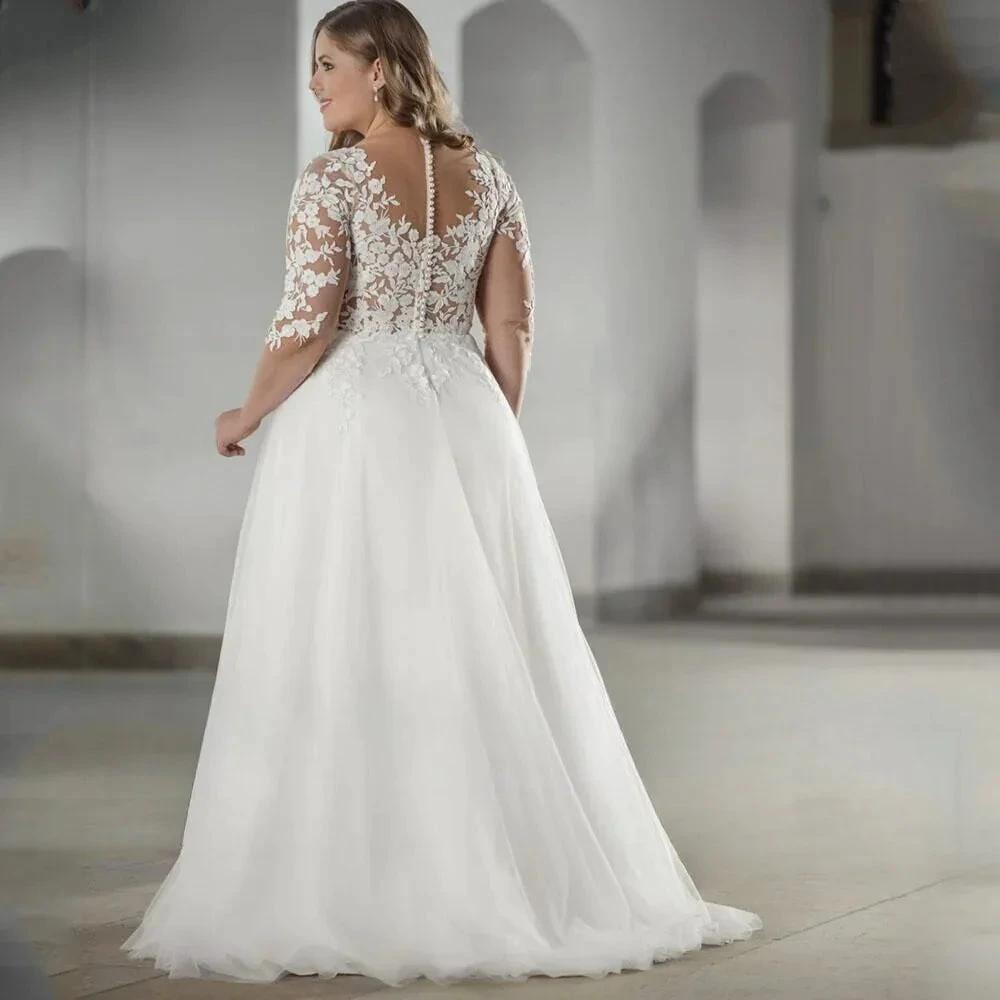 Elegant White V-neck Half Sleeve Bridal Gown Lace Applique Plus Size Floor-Length Wedding Dress for Women vestidos de novia by payinti