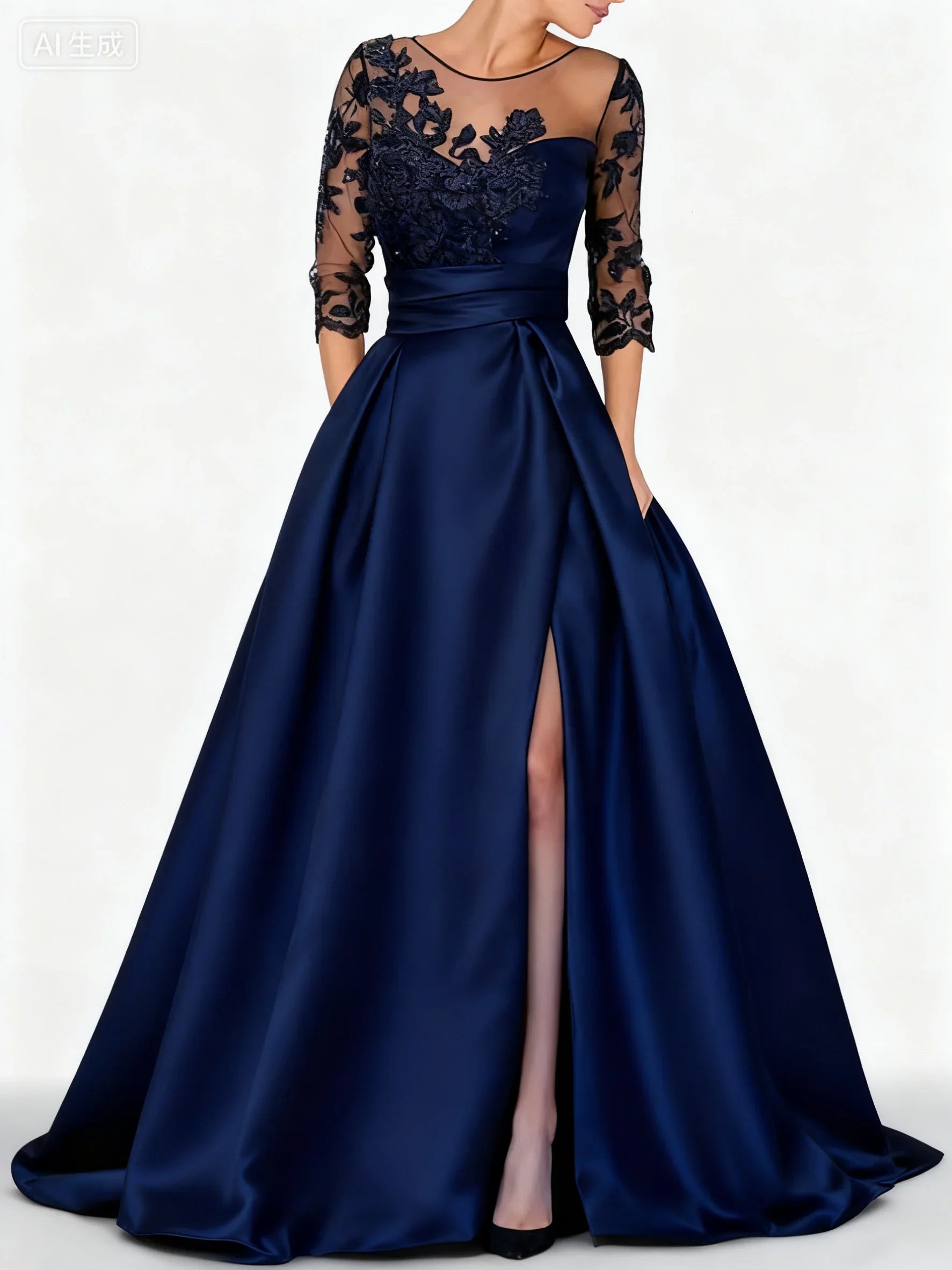Elegant black satin embroidered formal dress