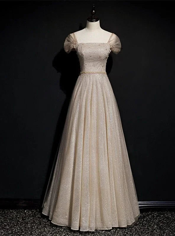 Sparkly Tulle Sequins Square Beading Prom Dress Long A Line Ball Gown Party Dress Y7585 by simplepromdress