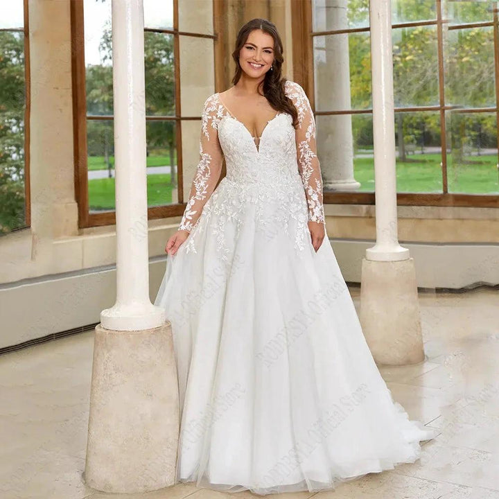Pastrol Wedding Dresses Plus Size Long Sleeves Lace Up Bride Gowns Applique A-Line Tulle V-Neck vestido de noiva by payinti