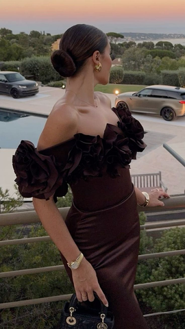 Braunes Luxus-Meerjungfrau-Abendkleid, schulterfrei, langes Ballkleid Y7592
