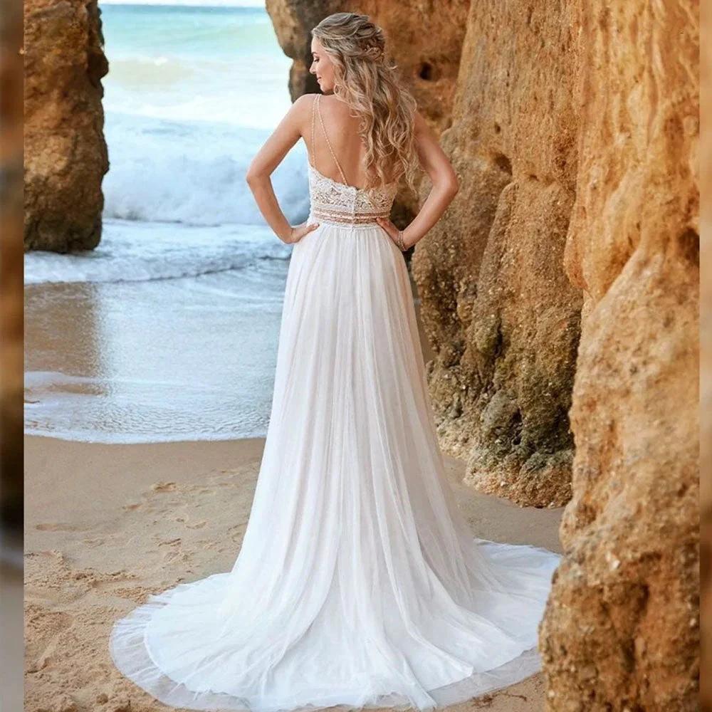 Simple Backless Chiffon V-Neck Bohemian Wedding Dress for Bride Lace Applique Sleeveless Beach Bridal Gown Robe De Mariée by payinti