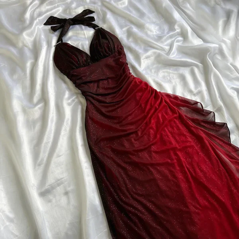Vestido de fiesta de noche sexy de gasa con cuello en V y escote halter rojo degradado Y7485