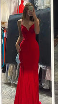 Elegant Red Mermaid Long Prom Dress V Neck Evening Dress Y422 by simplepromdress
