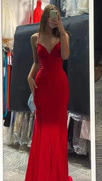 Elegant Red Mermaid Long Prom Dress V Neck Evening Dress Y422 by simplepromdress